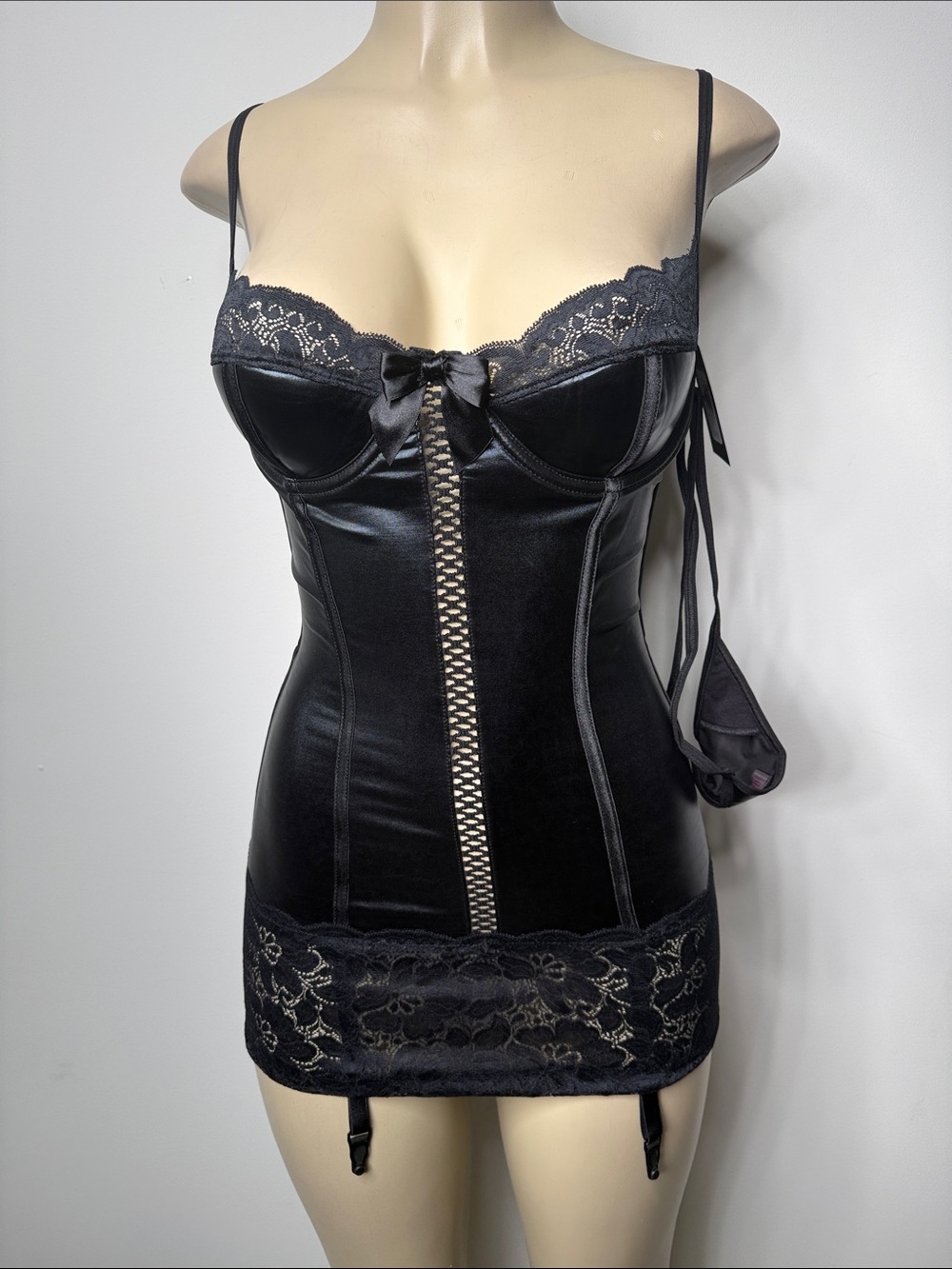 Frederick's of Hollywood Black Satin Lace-Trim Chemise with Garter Straps